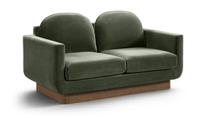 Meridian Furniture Diviento Sculptural Velvet Loveseat with Walnut Base for Stylish Modern Living Rooms Green 175Green-L