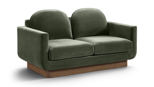 Meridian Furniture Diviento Sculptural Velvet Loveseat with Walnut Base for Stylish Modern Living Rooms Green 175Green-L