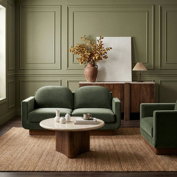 Meridian Furniture Diviento Sculptural Velvet Loveseat with Walnut Base for Stylish Modern Living Rooms Green 175Green-L