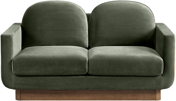 Meridian Furniture Diviento Sculptural Velvet Loveseat with Walnut Base for Stylish Modern Living Rooms Green 175Green-L
