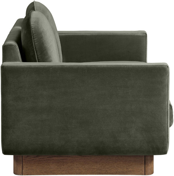 Meridian Furniture Diviento Sculptural Velvet Loveseat with Walnut Base for Stylish Modern Living Rooms Green 175Green-L