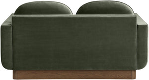 Meridian Furniture Diviento Sculptural Velvet Loveseat with Walnut Base for Stylish Modern Living Rooms Green 175Green-L