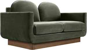 Meridian Furniture Diviento Sculptural Velvet Loveseat with Walnut Base for Stylish Modern Living Rooms Green 175Green-L