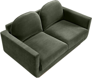Meridian Furniture Diviento Sculptural Velvet Loveseat with Walnut Base for Stylish Modern Living Rooms Green 175Green-L