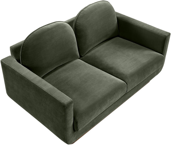 Meridian Furniture Diviento Sculptural Velvet Loveseat with Walnut Base for Stylish Modern Living Rooms Green 175Green-L