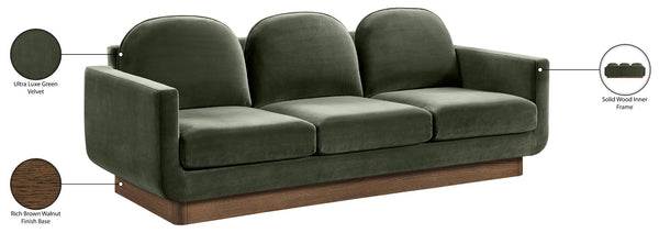 Meridian Furniture Diviento Sculptural Velvet Sofa with Walnut Base for Modern Contemporary Living Rooms Green 175Green-S