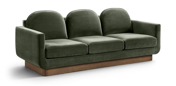 Meridian Furniture Diviento Sculptural Velvet Sofa with Walnut Base for Modern Contemporary Living Rooms Green 175Green-S