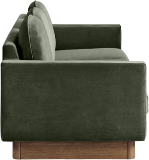 Meridian Furniture Diviento Sculptural Velvet Sofa with Walnut Base for Modern Contemporary Living Rooms Green 175Green-S