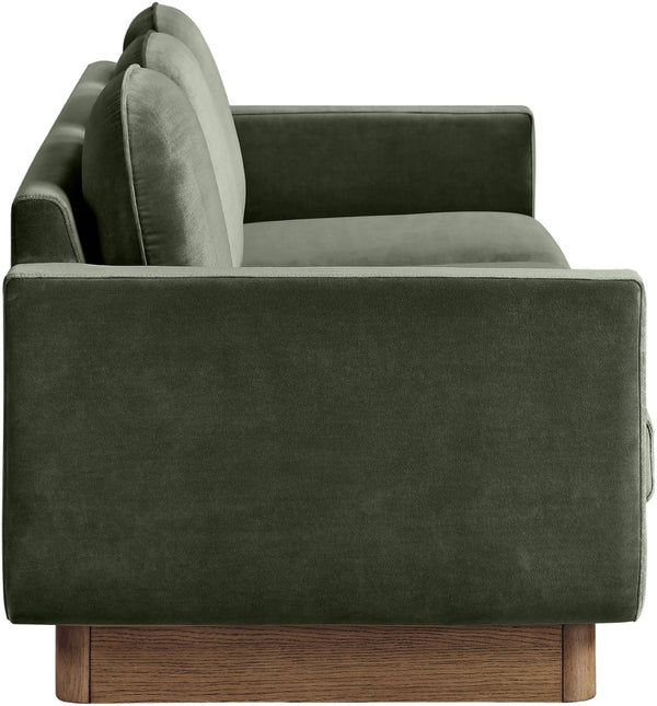 Meridian Furniture Diviento Sculptural Velvet Sofa with Walnut Base for Modern Contemporary Living Rooms Green 175Green-S