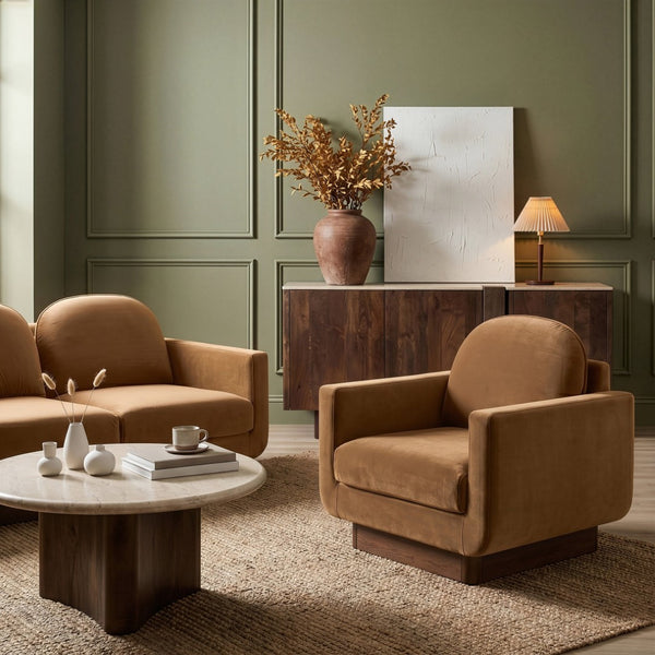 Meridian Furniture Diviento Sculptural Velvet Accent Chair with Walnut Base for Modern Living Room Comfort Saddle 175Saddle-C