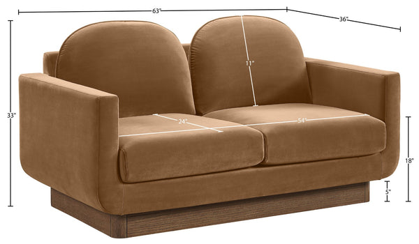 Meridian Furniture Diviento Sculptural Velvet Loveseat with Walnut Base for Stylish Modern Living Rooms Saddle 175Saddle-L