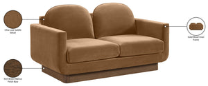 Meridian Furniture Diviento Sculptural Velvet Loveseat with Walnut Base for Stylish Modern Living Rooms Saddle 175Saddle-L