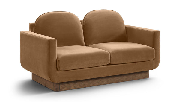 Meridian Furniture Diviento Sculptural Velvet Loveseat with Walnut Base for Stylish Modern Living Rooms Saddle 175Saddle-L