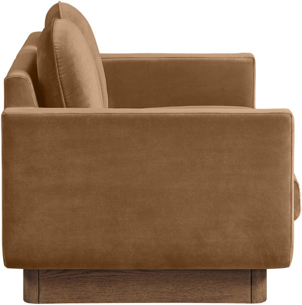Meridian Furniture Diviento Sculptural Velvet Loveseat with Walnut Base for Stylish Modern Living Rooms Saddle 175Saddle-L