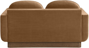 Meridian Furniture Diviento Sculptural Velvet Loveseat with Walnut Base for Stylish Modern Living Rooms Saddle 175Saddle-L