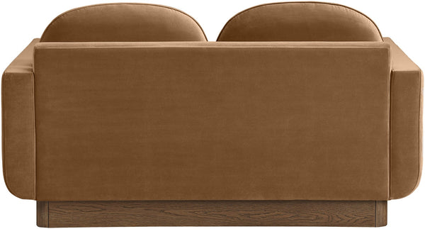 Meridian Furniture Diviento Sculptural Velvet Loveseat with Walnut Base for Stylish Modern Living Rooms Saddle 175Saddle-L