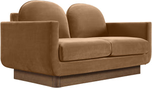 Meridian Furniture Diviento Sculptural Velvet Loveseat with Walnut Base for Stylish Modern Living Rooms Saddle 175Saddle-L