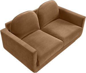 Meridian Furniture Diviento Sculptural Velvet Loveseat with Walnut Base for Stylish Modern Living Rooms Saddle 175Saddle-L