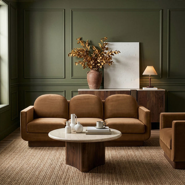 Meridian Furniture Diviento Sculptural Velvet Sofa with Walnut Base for Modern Contemporary Living Rooms Saddle 175Saddle-S