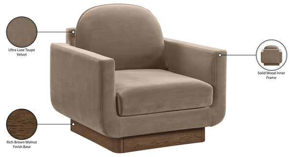 Meridian Furniture Diviento Sculptural Velvet Accent Chair with Walnut Base for Modern Living Room Comfort Taupe 175Taupe-C