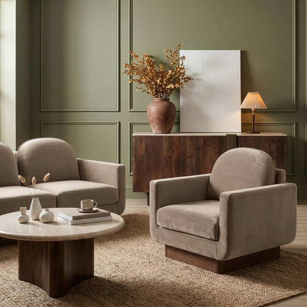 Meridian Furniture Diviento Sculptural Velvet Accent Chair with Walnut Base for Modern Living Room Comfort Taupe 175Taupe-C