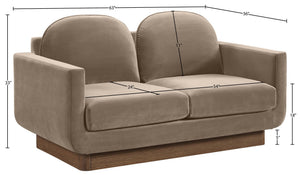 Meridian Furniture Diviento Sculptural Velvet Loveseat with Walnut Base for Stylish Modern Living Rooms Taupe 175Taupe-L