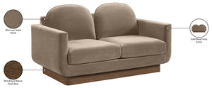Meridian Furniture Diviento Sculptural Velvet Loveseat with Walnut Base for Stylish Modern Living Rooms Taupe 175Taupe-L