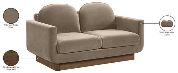 Meridian Furniture Diviento Sculptural Velvet Loveseat with Walnut Base for Stylish Modern Living Rooms Taupe 175Taupe-L