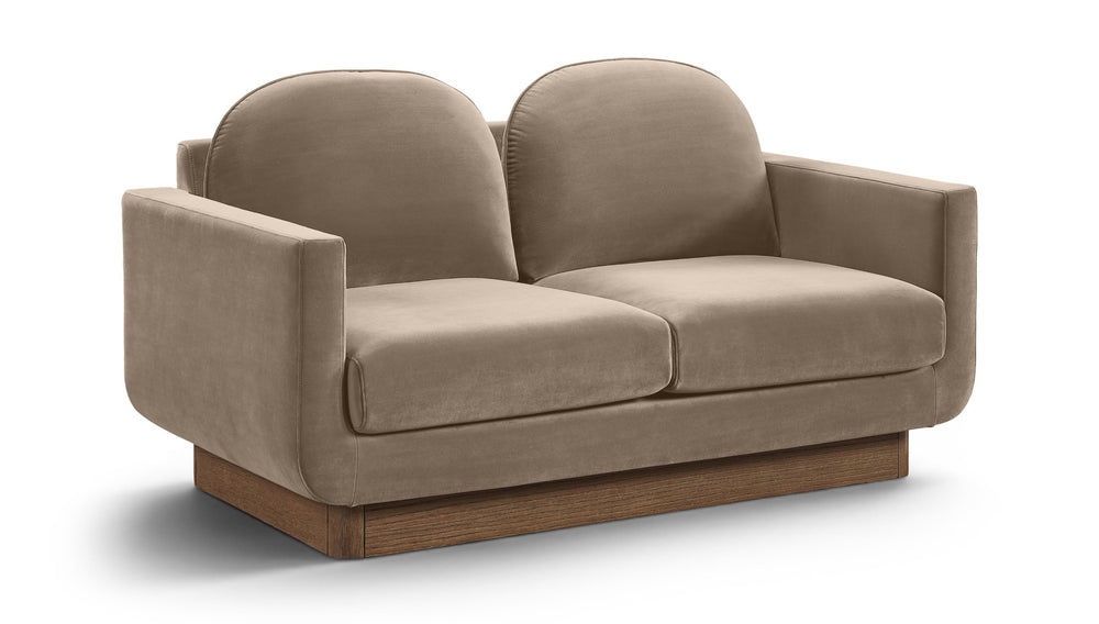 Meridian Furniture Diviento Sculptural Velvet Loveseat with Walnut Base for Stylish Modern Living Rooms Taupe 175Taupe-L
