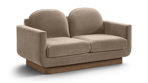 Meridian Furniture Diviento Sculptural Velvet Loveseat with Walnut Base for Stylish Modern Living Rooms Taupe 175Taupe-L