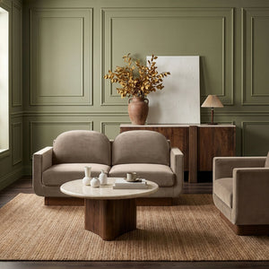 Meridian Furniture Diviento Sculptural Velvet Loveseat with Walnut Base for Stylish Modern Living Rooms Taupe 175Taupe-L