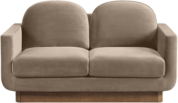 Meridian Furniture Diviento Sculptural Velvet Loveseat with Walnut Base for Stylish Modern Living Rooms Taupe 175Taupe-L