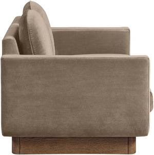 Meridian Furniture Diviento Sculptural Velvet Loveseat with Walnut Base for Stylish Modern Living Rooms Taupe 175Taupe-L