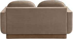 Meridian Furniture Diviento Sculptural Velvet Loveseat with Walnut Base for Stylish Modern Living Rooms Taupe 175Taupe-L