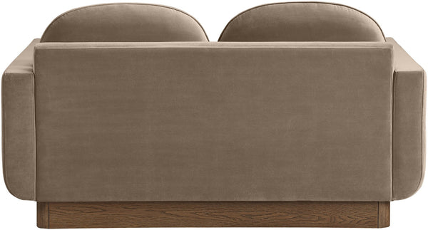 Meridian Furniture Diviento Sculptural Velvet Loveseat with Walnut Base for Stylish Modern Living Rooms Taupe 175Taupe-L