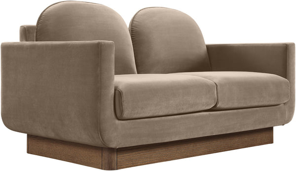 Meridian Furniture Diviento Sculptural Velvet Loveseat with Walnut Base for Stylish Modern Living Rooms Taupe 175Taupe-L