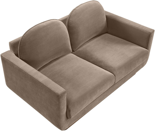 Meridian Furniture Diviento Sculptural Velvet Loveseat with Walnut Base for Stylish Modern Living Rooms Taupe 175Taupe-L