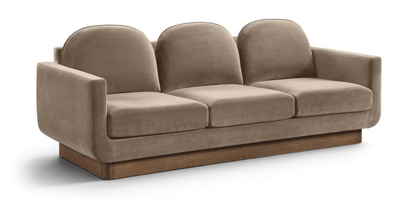 Meridian Furniture Diviento Sculptural Velvet Sofa with Walnut Base for Modern Contemporary Living Rooms Taupe 175Taupe-S