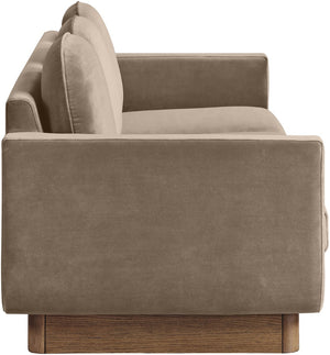Meridian Furniture Diviento Sculptural Velvet Sofa with Walnut Base for Modern Contemporary Living Rooms Taupe 175Taupe-S