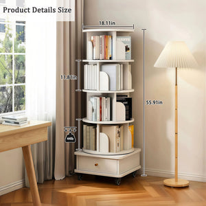 English Elm 5 Tier Rotating Bookshelf with 360° Spin, Locking Wheels, Stable Base & Drawer Storage for Home W3204P309488