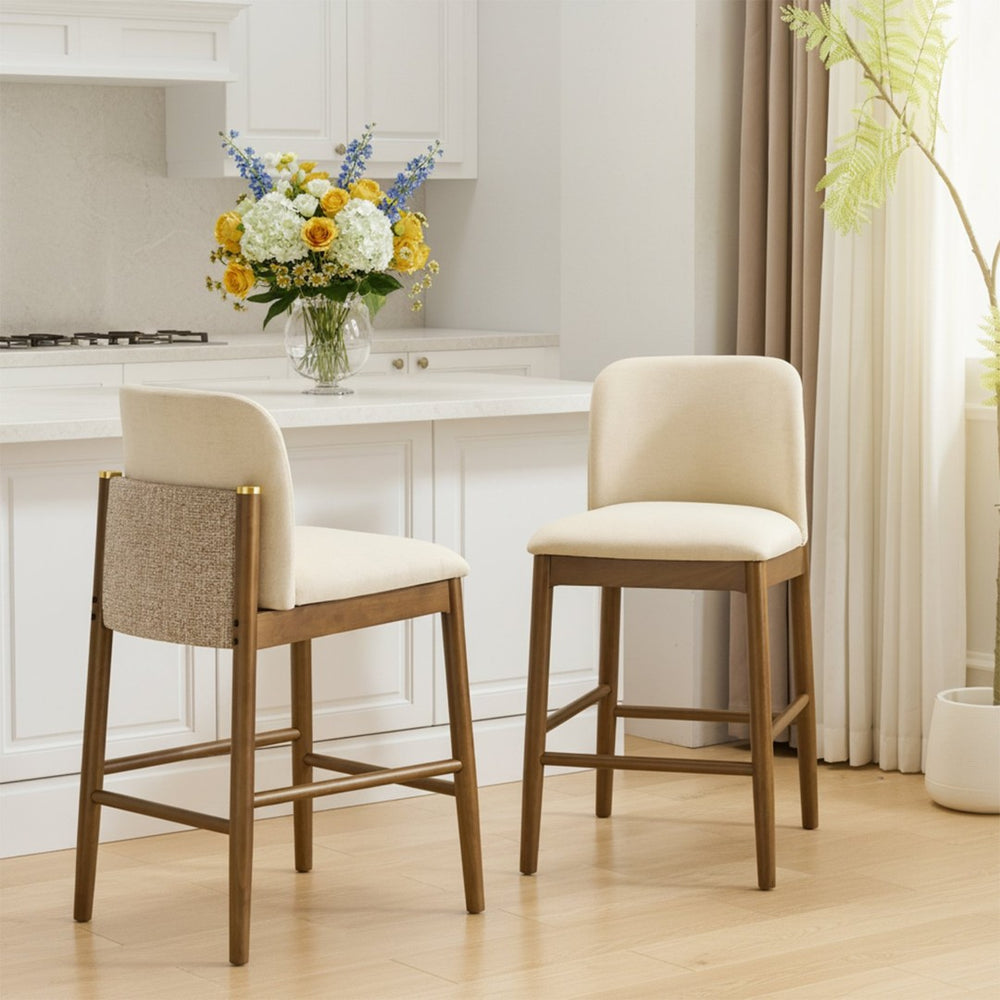 English Elm Lois Rubberwood Counter Stools Set of 2 Beige Upholstered Seats Walnut Frame N775P369557W