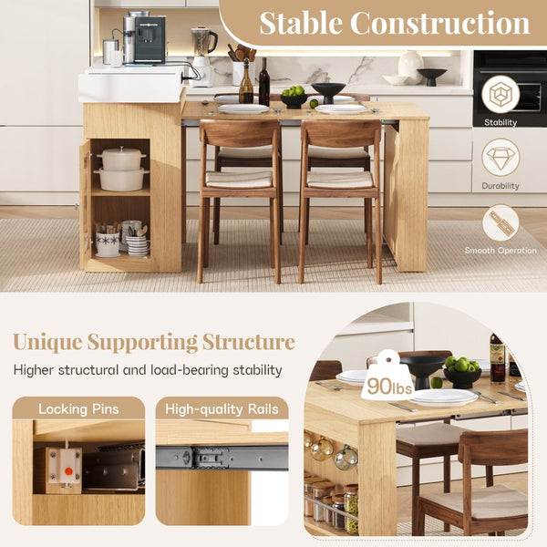 English Elm [video] Trexm Extendable Kitchen Island with Power Outlet Drawers and Rolling Base XW000028AAN