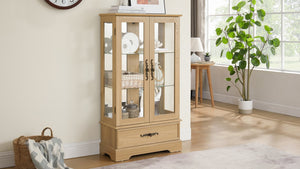 English Elm Glass Lighted Curio Cabinet with Adjustable Glass Shelves, 2 Doors 1 Drawer, Oak Finish, Bulb Included and Anti-Tip Safety Strap for Secure Display of Collectibles W2275P178890