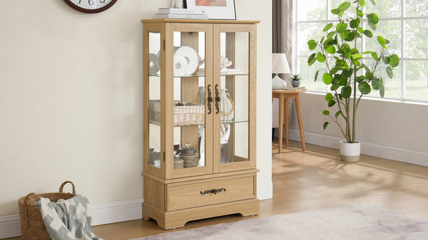 English Elm Glass Lighted Curio Cabinet with Adjustable Glass Shelves, 2 Doors 1 Drawer, Oak Finish, Bulb Included and Anti-Tip Safety Strap for Secure Display of Collectibles W2275P178890