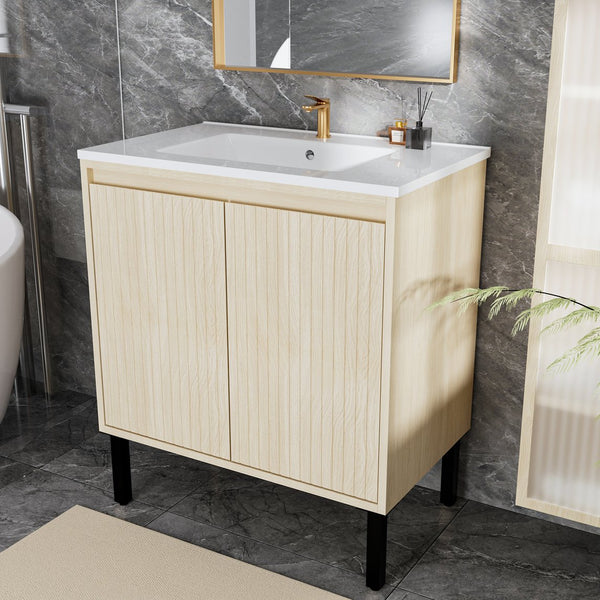 English Elm 30 Inch Bathroom Vanity with Sink — Floor-Standing Stability, Soft-Close Drawers, Ample Storage, Durable Finish Oak 35.47 L x 8.07 W x 21.85 H W3520S00017