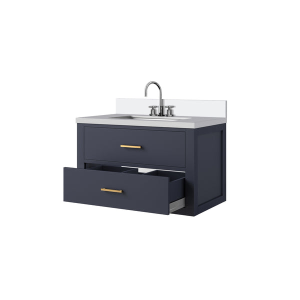 English Elm Blue 30" Single Bath Vanity w/ White Quartz Top, Chrome Gooseneck Faucet, Soft-Close Storage Elegance B2731P257932