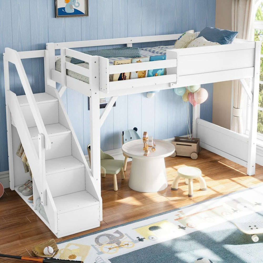 English Elm Twin Low Loft Bed Solid Pine Frame Kids Study Desk Blackboard Storage White Light White W1580S00466