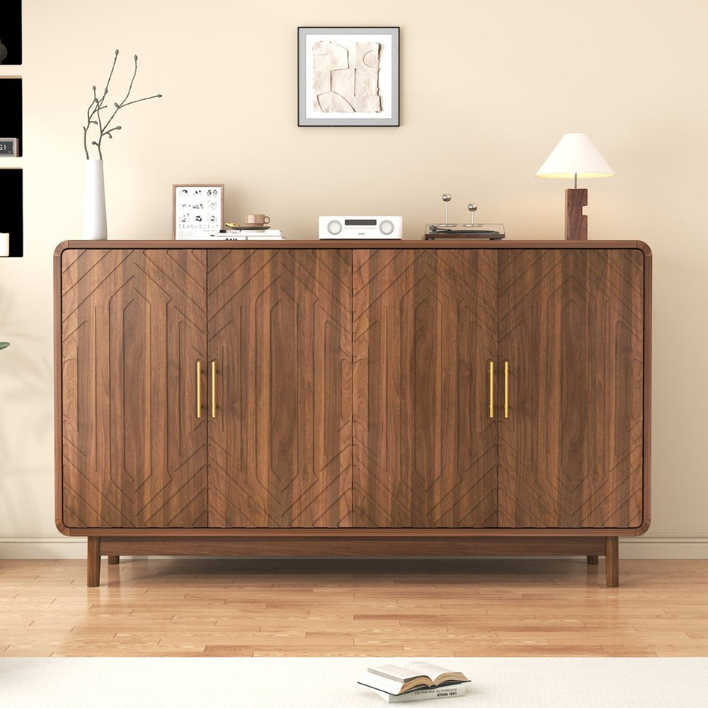 English Elm Sideboard Buffet with Four Doors Carved Edges Gold Handles Adjustable Shelves Dining Room W5389P463456