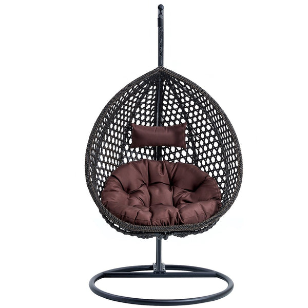 English Elm 76.8-inch Hand Woven Rattan Egg Swing Chair Indoor Outdoor with Cushion Lumbar Pillow Black W1512P498596