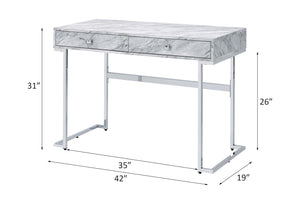 English Elm Tigress Sleek White Faux Marble Writing Desk with Chrome Frame, 2 Drawers & Smooth Metal Glides B2726P254136
